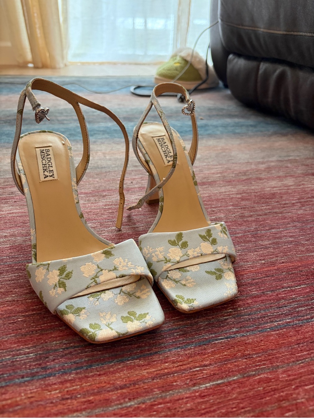Badgley Mischka Pale Blue Floral Embroidered Ankle-Strap Heels